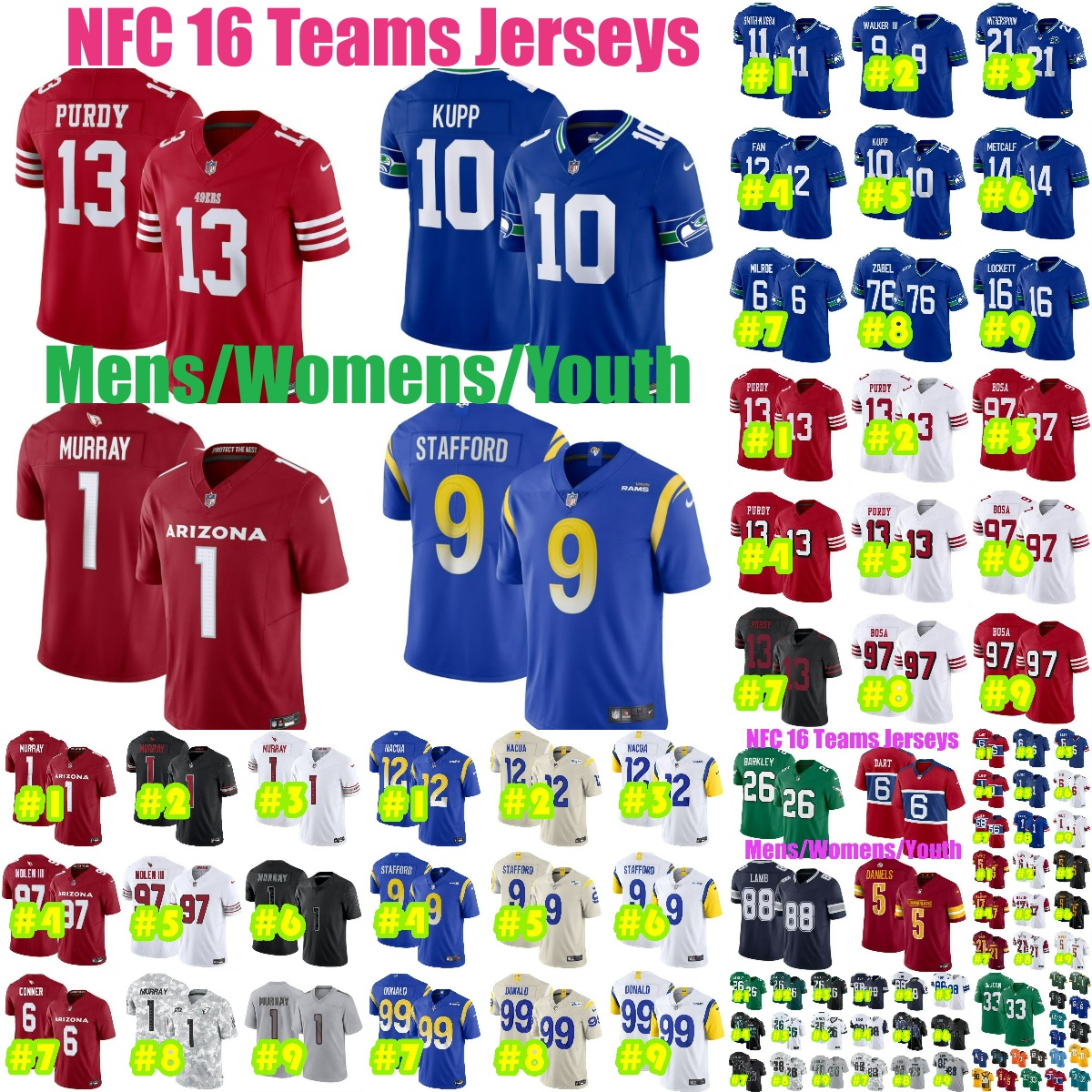 16NFCteams Brock Purdy Kyler Murray Football Jersey George Kittle Christian McCaffrey Nick Bosa Matthew Stafford Cooper Kupp Aaron Donald Mens Kids Womens