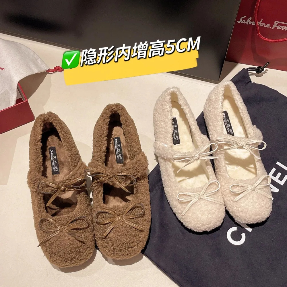 Womens Shearling Ballet Flats with Rabbit Fur Plush Lined Crystal Buckle Mary Jane Flat Shoes 250901