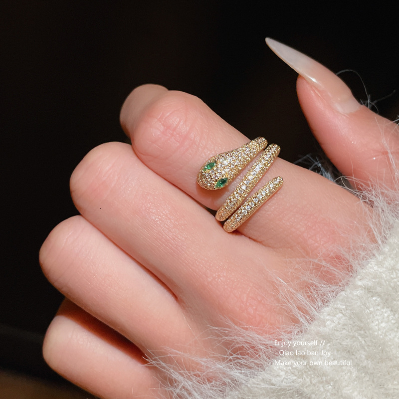 Luxury Brand Designer Jewelry Real Gold Plated Zircon Snake Open Ring New Chinese Style Light Luxury Versatile Index Finger Ring Commuting Internet Ce