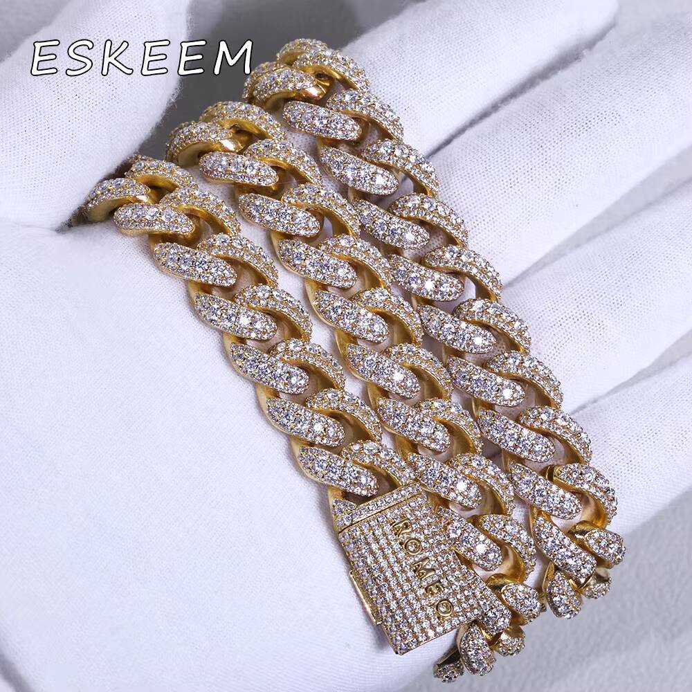 Hip Hop Jewelry 15mm Three Row Diamond Cuban Link Chain Personalized Custom 925 Silver Moissanite Cuban Necklace for Women