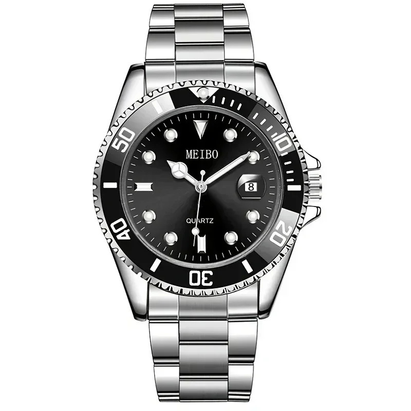 1pc Men Silver Stainless Steel Water Proof Automatic Luminous Rotatable Bezel Mens Watches 250901