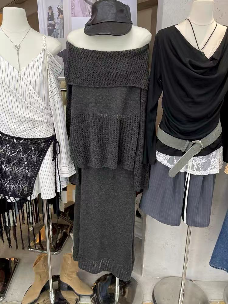 KC170 New Korean style off-shoulder hollow design knitted top skirt