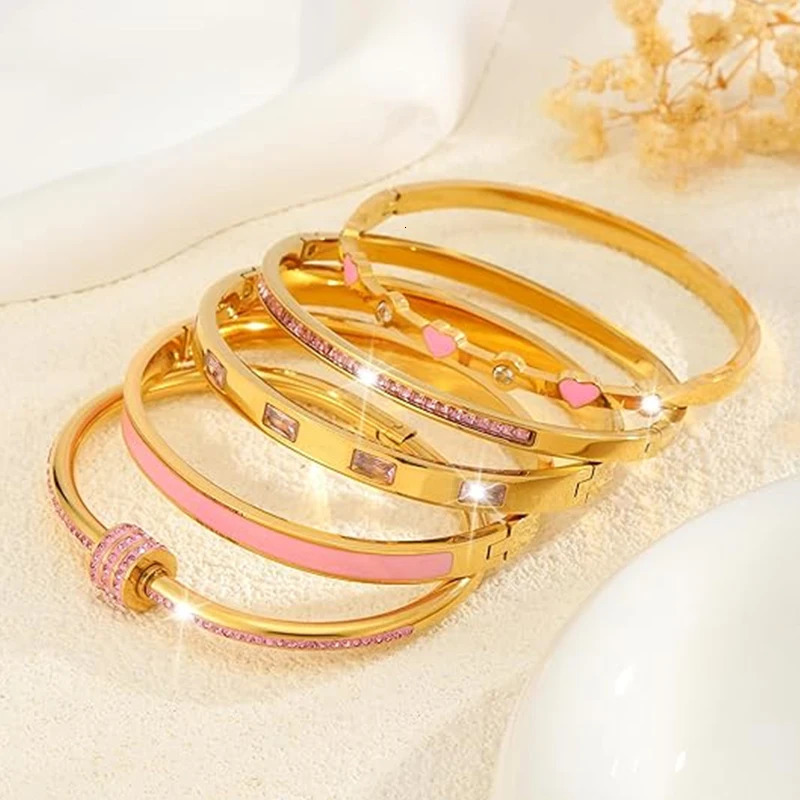 Stackable Gold Color Bangle Bracelet Set for Women 18K Plated Stainless Steel Pink Crystal Love Heart Jewelry 250901