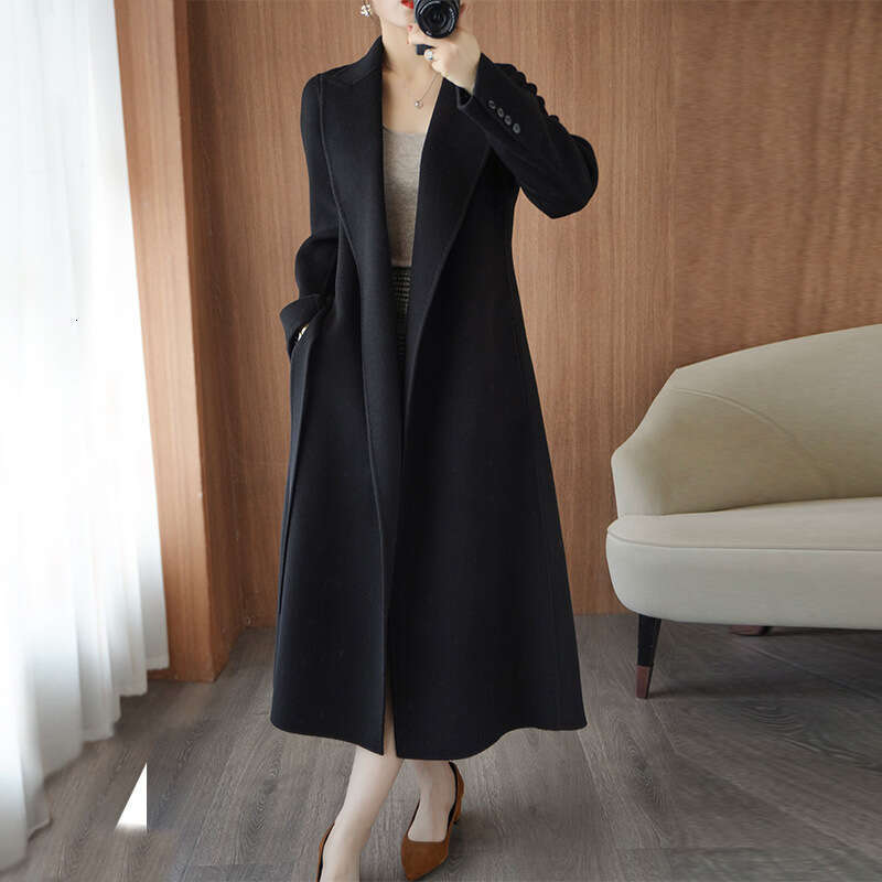 Camel Double-Sided Cashmere for Women, Long Style with Tie, Korean Version, Loose Straight Cut, New Autumn and Winter Woolen Coat