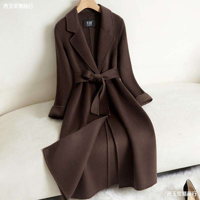 Double-Sided Cashmere for Women, Mid-Length, 2024 Autumn/Winter New Style, High-End Feel, Elegant Waist-Cinching, Coffee Color Woolen Coat