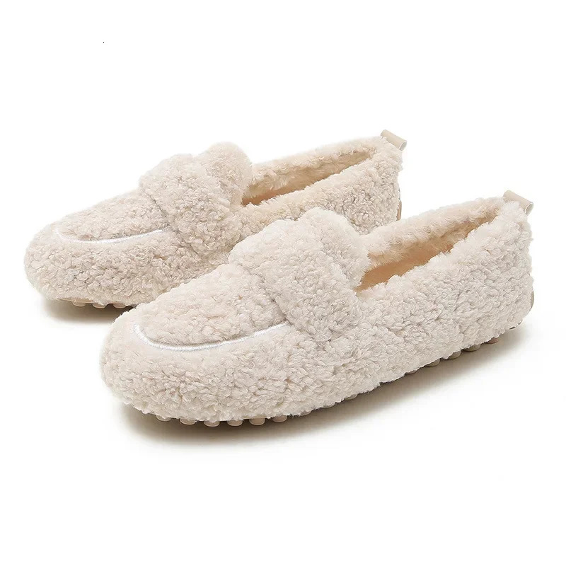 Lambwool Moccasins Femme Curly Sheep Fur Flats Woman Warm Plush Loafers Winter Cotton Shoes Women Furry Snow Boot 250901
