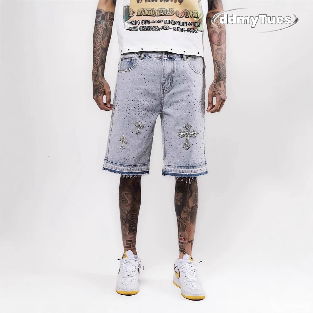 Men's Shorts Gothic Rhinestone Cross Embroidery Viral Denim Jorts Vintage American Trend Gym Men Women Street Hip Hop Jean Short ddmythur ddmythu