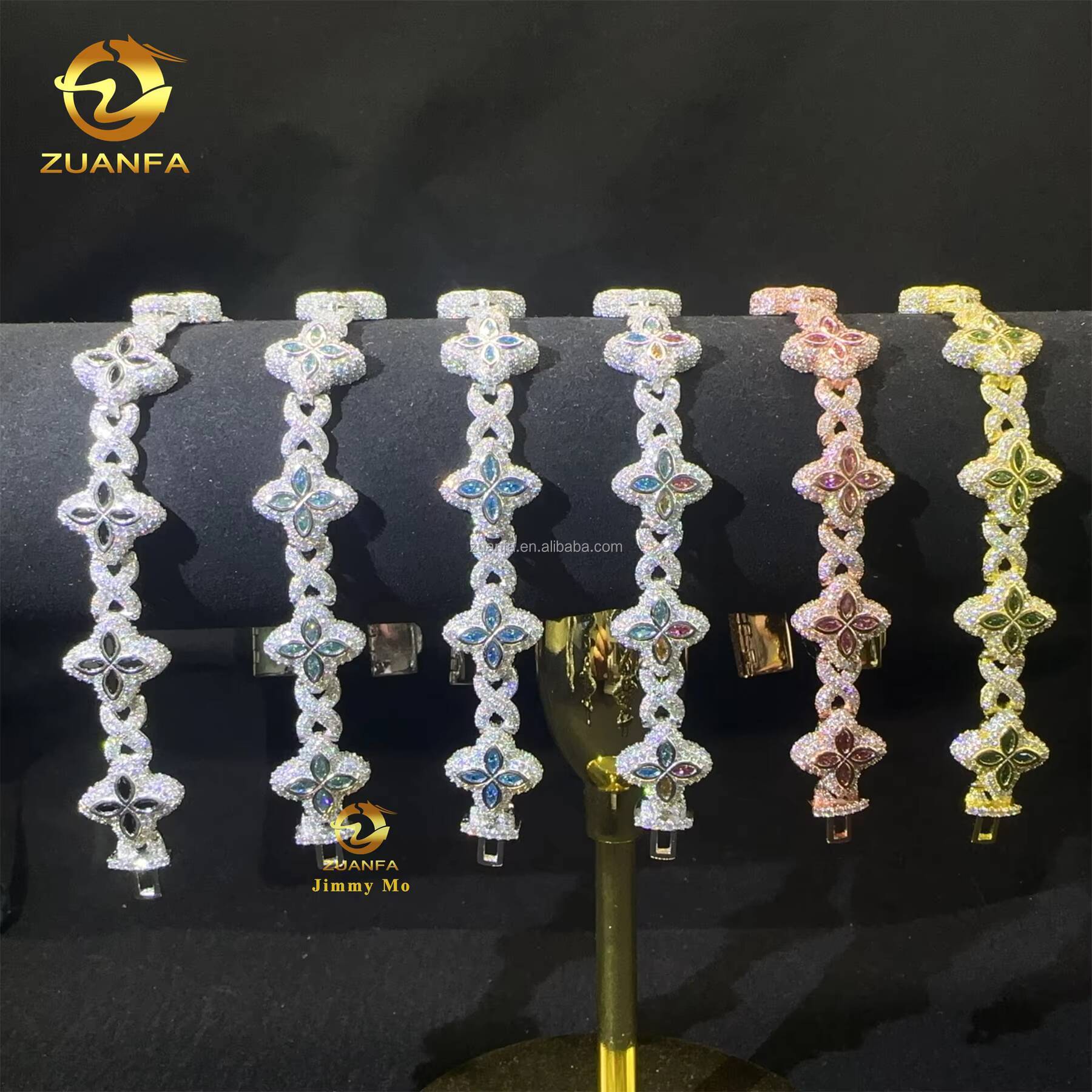 Bulk Stock New Design 15mm Marquise Flower Design Hip Hop Jewelry Iced Out Moissanite Diamond Infinity Cuban Link Bracelet Men
