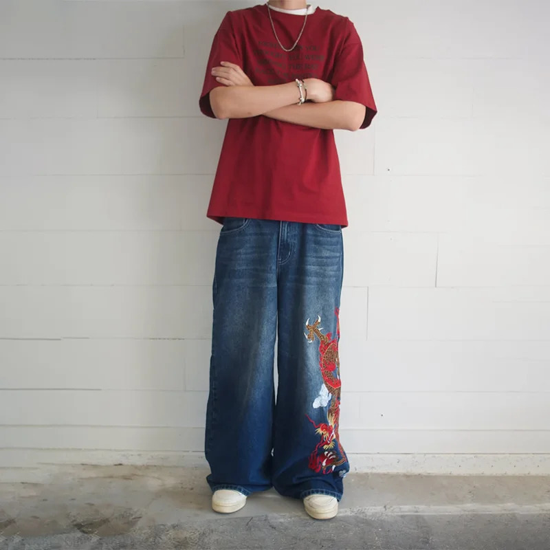 Dragon Graffiti Embroidery Dark Blue Loose Wide Leg Distressed Jeans Y2K High Waist Men Women Vintage Casual Daily Streetwear 250901