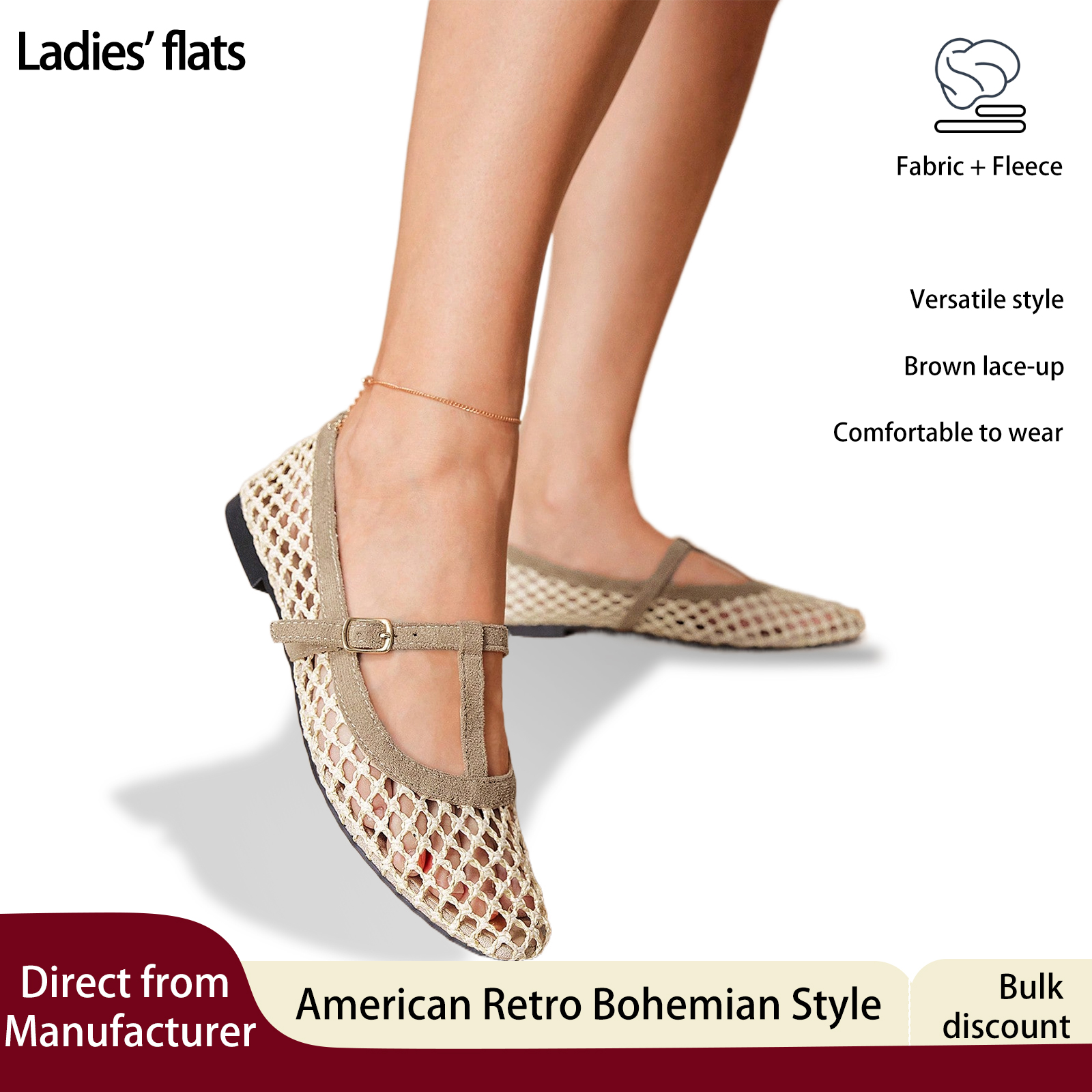 Sandals Khaki women's flats New resort style Wear BOHO outfit American retro style with T-strap design shallow square toe casual and comfortable 