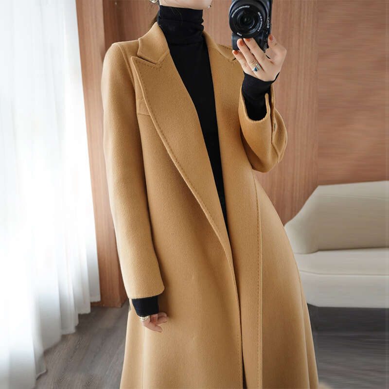 Camel Double-Sided Cashmere for Women, Long Style with Tie, Korean Version, Loose Straight Cut, New Autumn and Winter Woolen Coat