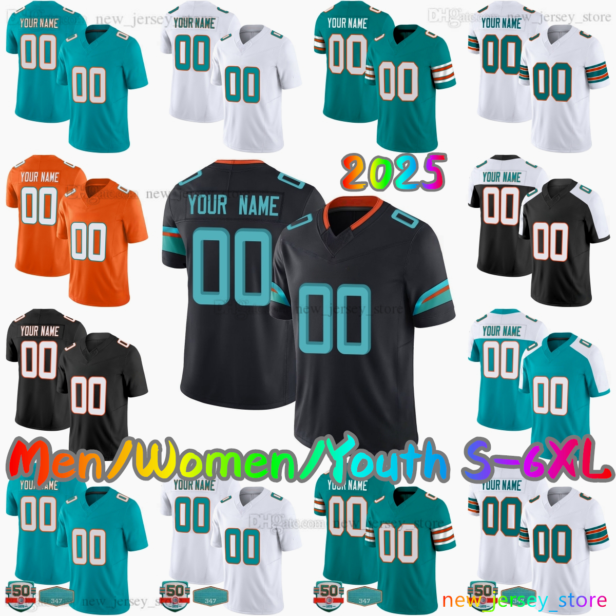 2025 Custom S-6XL DIY 1 Tua Tagovailoa Football Jersey 10 Tyreek Hill 14 Quinn Ewers 0 Zach Wilson 17 Jaylen Waddle 5 Jalen Ramsey 36 Storm Duck 2 Chubb Stitched Jerseys