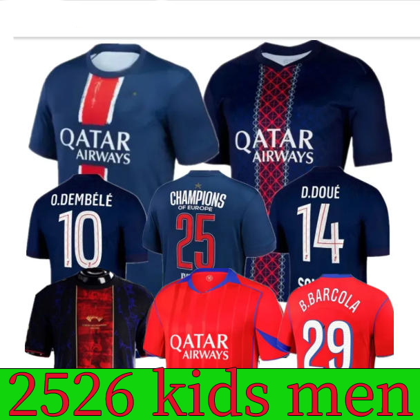 25 26 D.DOUE DEMBELE Soccer Jerseys Kvaratskhelia Maillot MBAPPE HAKIMI enfants football shirts kits kids Equipment VITINHA Zaire Emery BARCOLA PARIS PSGES kit