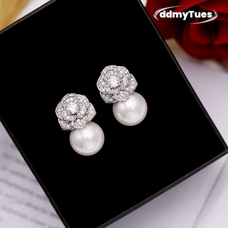 Elegant Freshwater Camellia Flower Earrings for Women Dia Zircon Stud Ball Pearl Earring Fashion Wedding Jewelry Nice Gift ddmythur