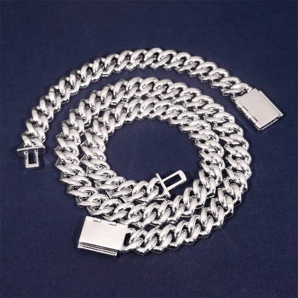 New Hot 925 Silver European American Mens Hip Hop Cuban Style VVS Moissanite Necklace Bracelet 14mm Three Rows Stone Collarbone
