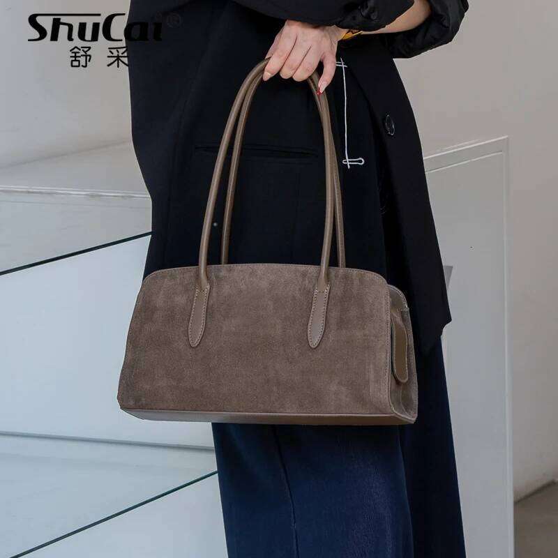 Matte Suede Genuine Cow Leather Big Women's Shoulder Bag Designer High Quality Huge Commute Travel Ladies Handbag Cowhide