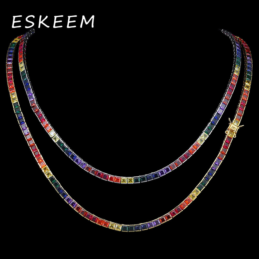 Luxury Geometric CZ Tennis Chain Necklace Square 5A Cubic Zirconia Iced Out Bling Necklace Safety Clasp Party Jewelry for Women