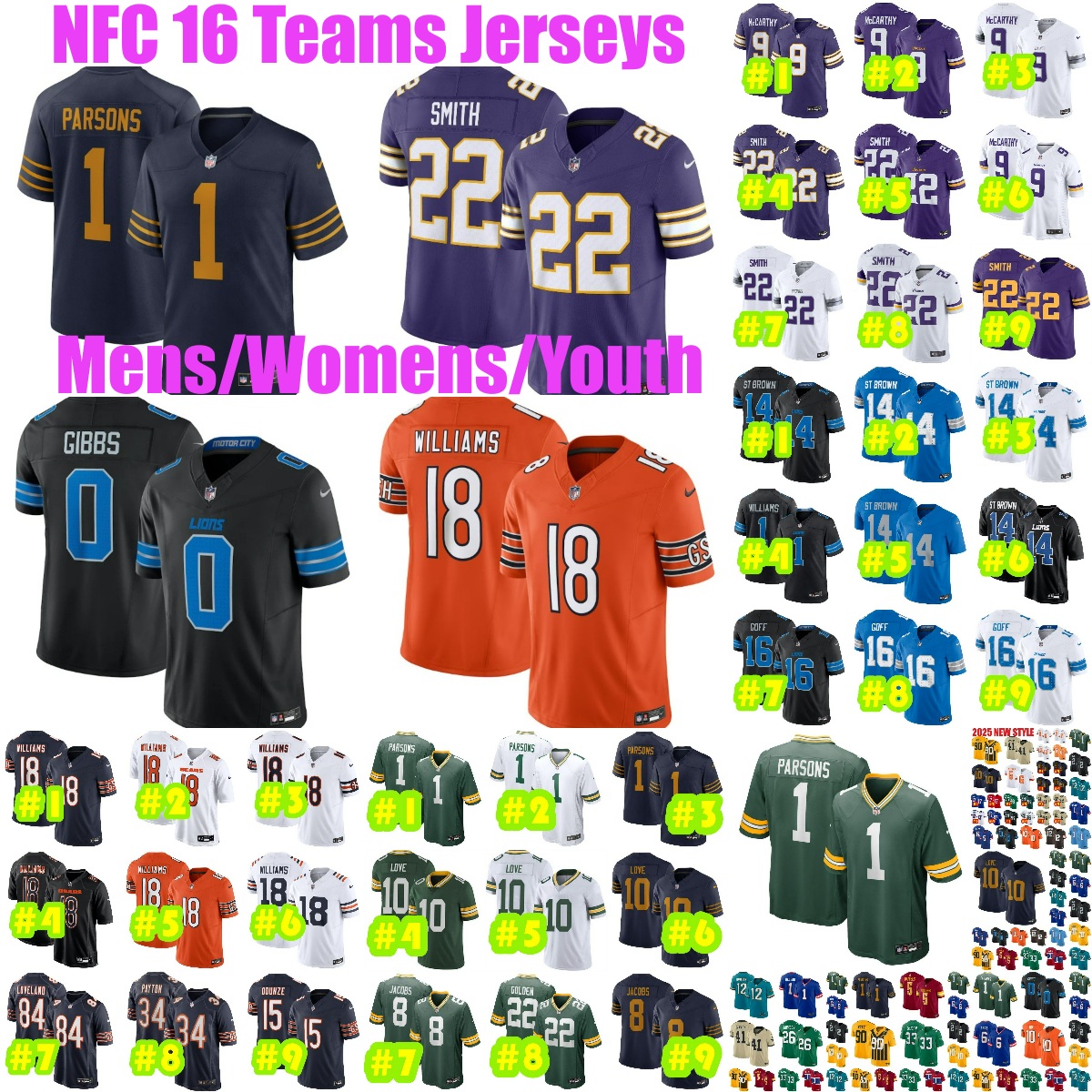 16NFCteams Micah Parsons Football Jersey Caleb Williams Harrison Smith Jared Goff Adam Thielen Josh Jacobs Mens Womens Youth Kids Jerseys