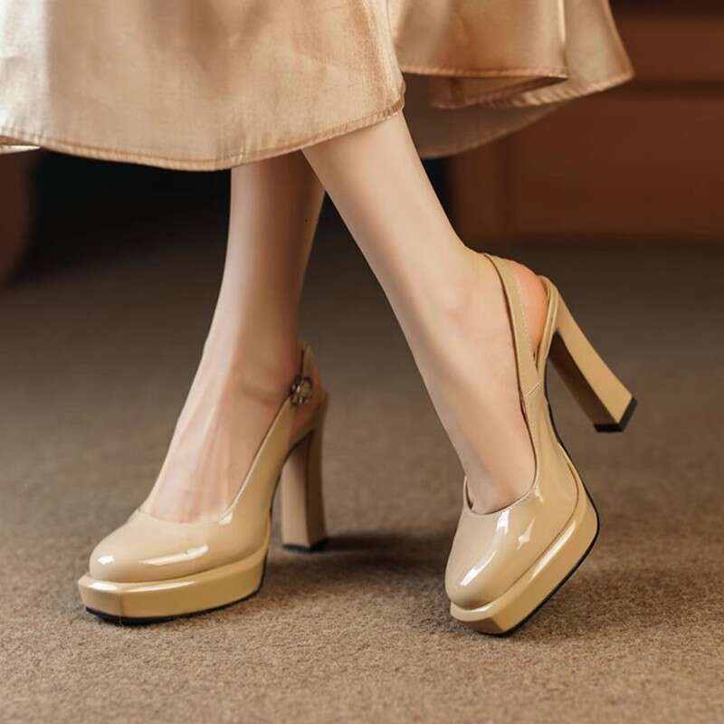 Waterproof Platform High Heels Women Thick Heel 2025 Spring Designer Shoe Summer New Closed-Toe Sandals Patent Leather Apricot Women's Shoes