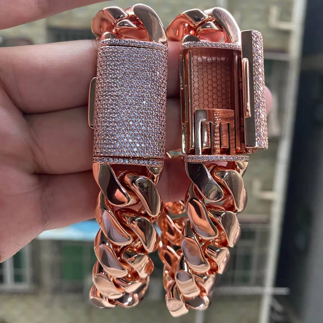 Wholesale Rose Gold Plate Cuban Link Chain Choker Heavy Solid Brass Miami Cuban Chains Bracelet for Men Women Cadena De Oro Rosa