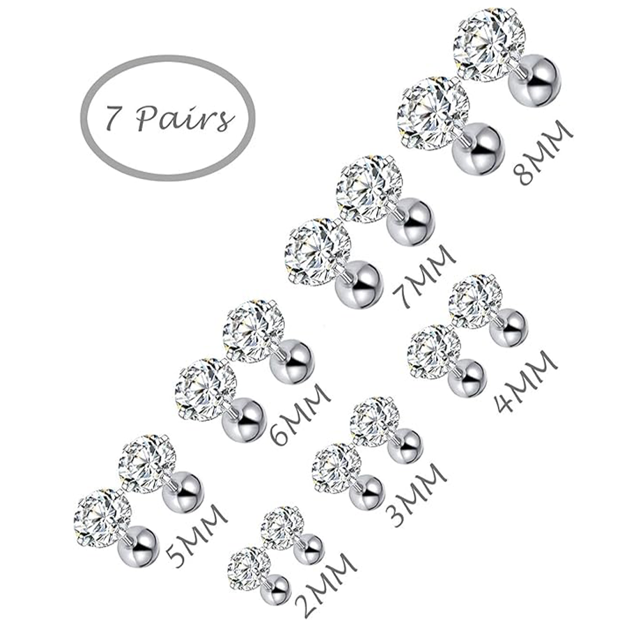7 Pairs 20G Stainless Steel Stud Earrings Push Back Round Cubic Zirconia Barbell Earring Set Men Women 2MM-8MM Silver Tone