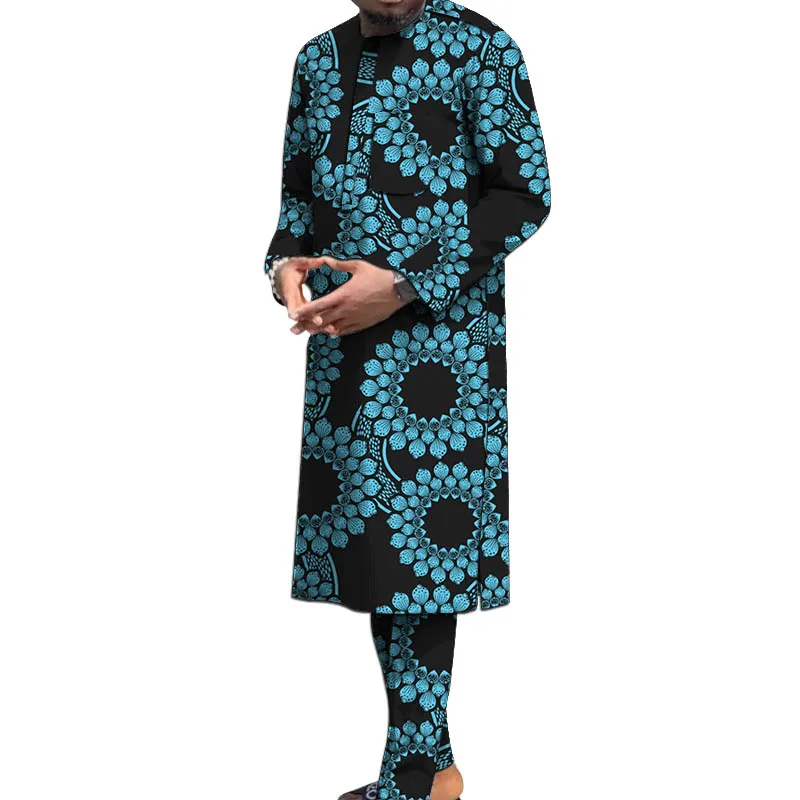 Nigerian Print Men's Set Long Sleeve Shirt & Pant Traditional Robe African Couture Male Wedding/Party Groom Suit
