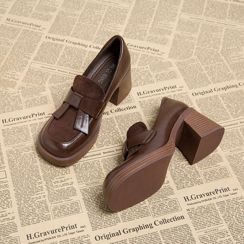 Early Autumn New Loafers Thick High Heel Women's Designer Shoe Brown Leather Shoes