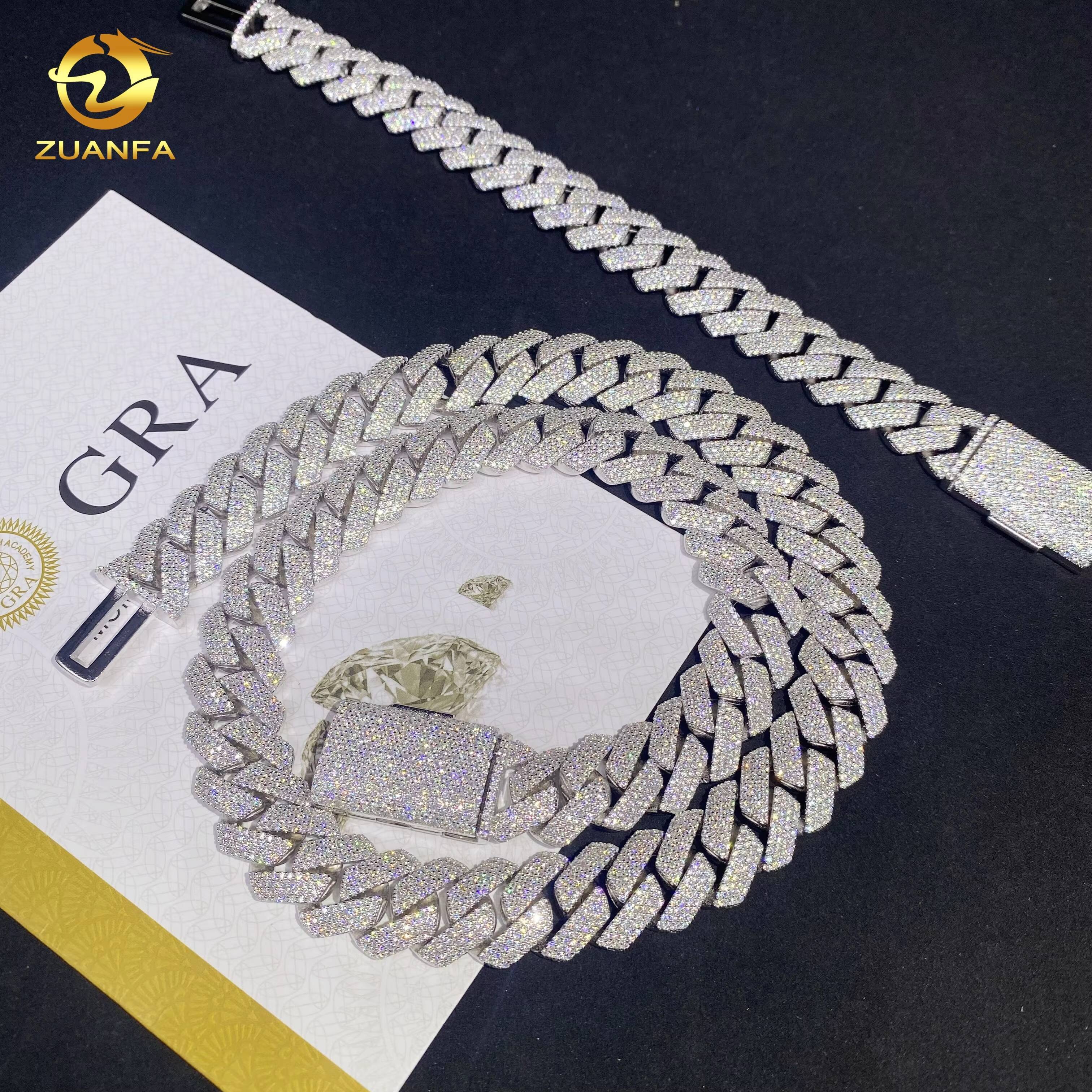 15mm 4Rows Iced Out Diamond Hip Hop Rapper Jewelry Bracelet 925 Silver VVS D Moissanite Thick Miami Cuban Link Chain Necklace