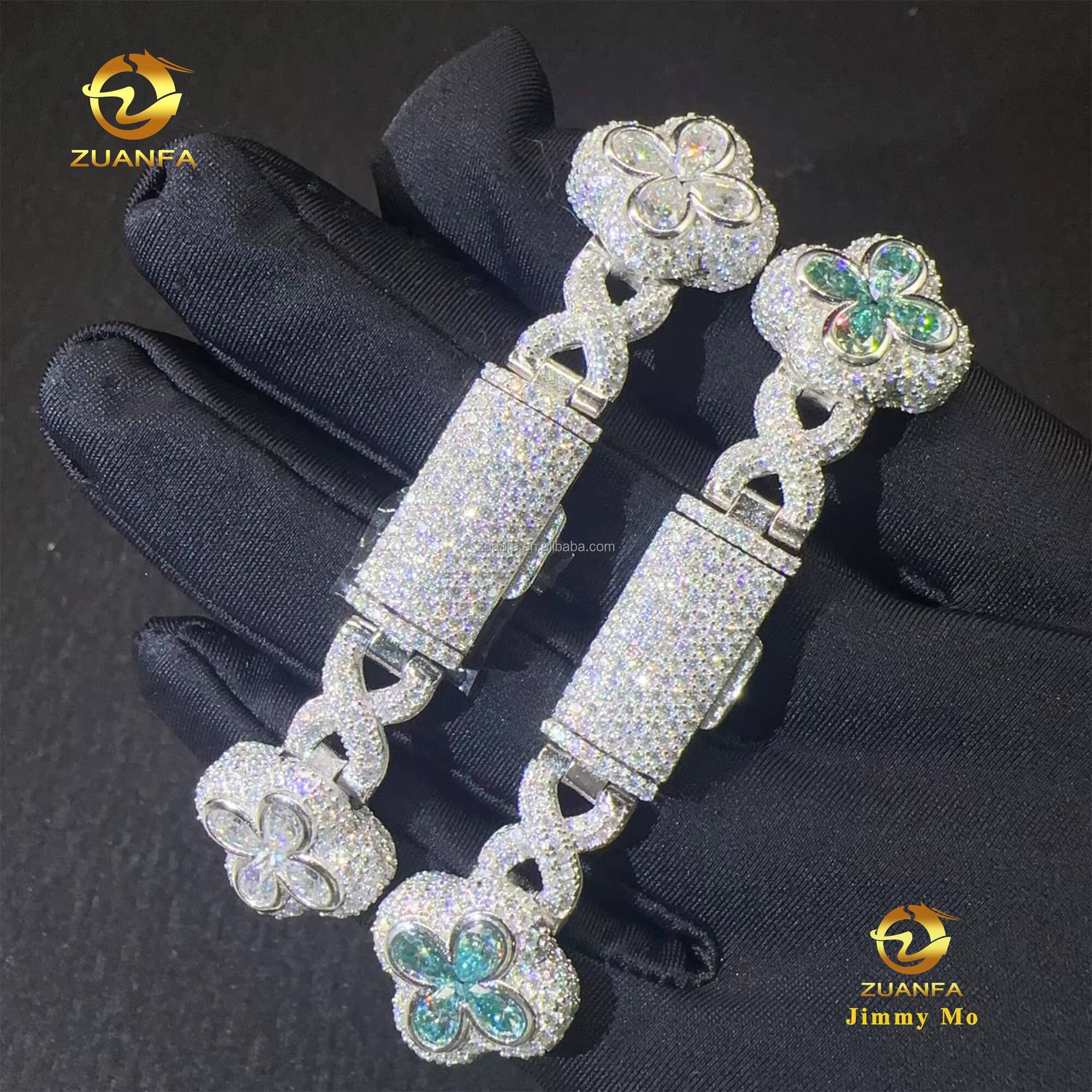 New Arrivals Popular 18mm Pear Flower Design Hip Hop Jewelry Iced Out Blue Green Moissanite Infinity Cuban Link Bracelet Men