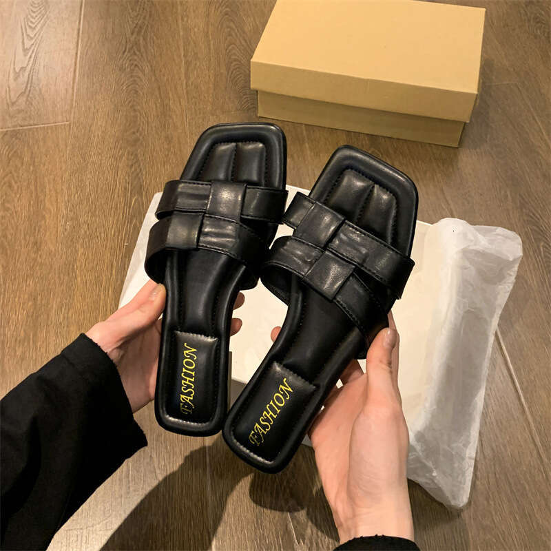 French Style Square Open Toe Chunky Heel Sandals for Women Outdoor 2025 Summer New Fashion Woven One-Strap Beach Slippers