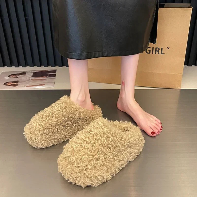 Thick Heel Lambwool Mules Winter Shoes Woman Flip Flops Flat Cover Toe Slides Ins Warm Curly Lamb Fur Slippers Women 250901