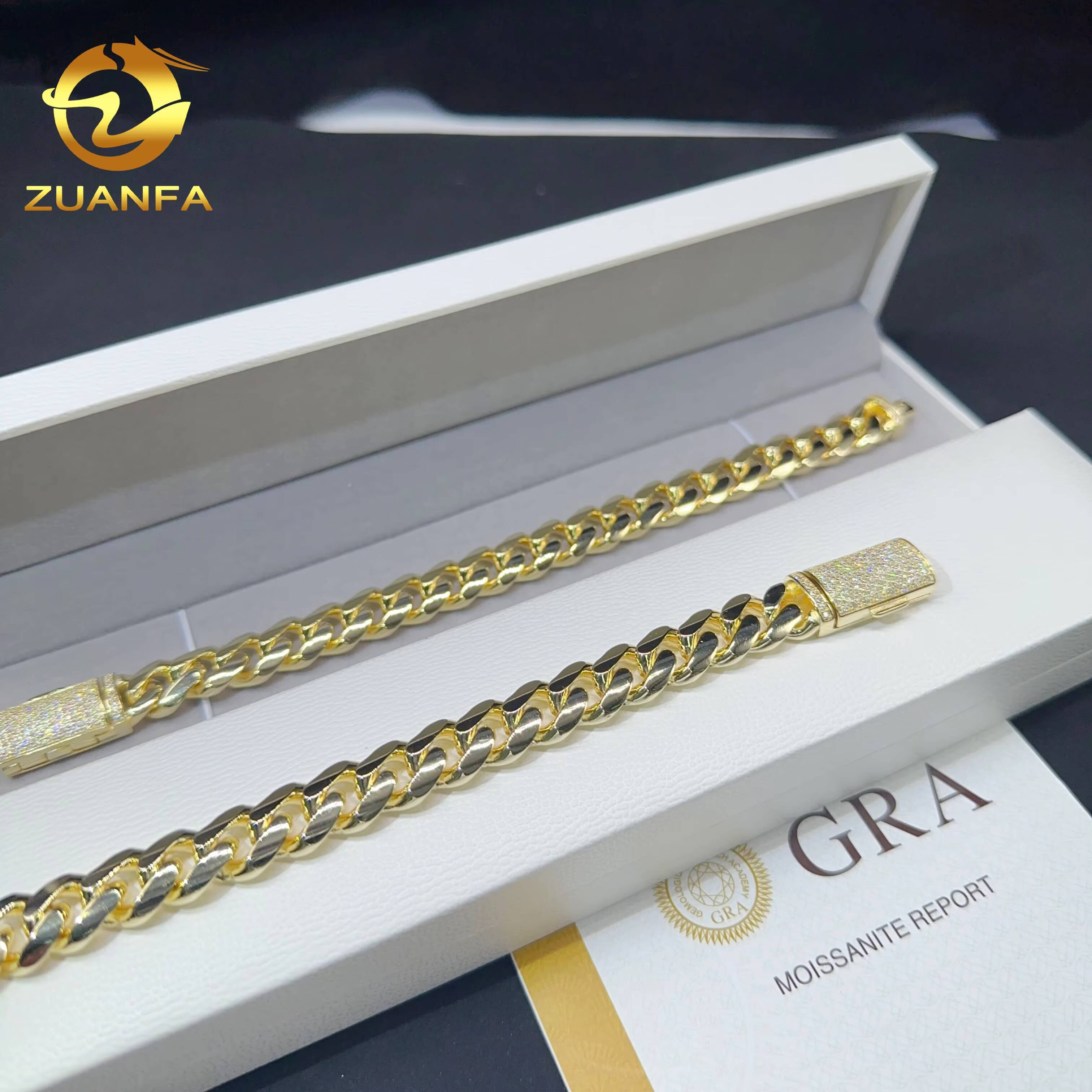 Hip hop real gold plated 12mm width bracelet 925 sterling silver fashion jewelry miami vvs moissanite plain cuban link bracelet