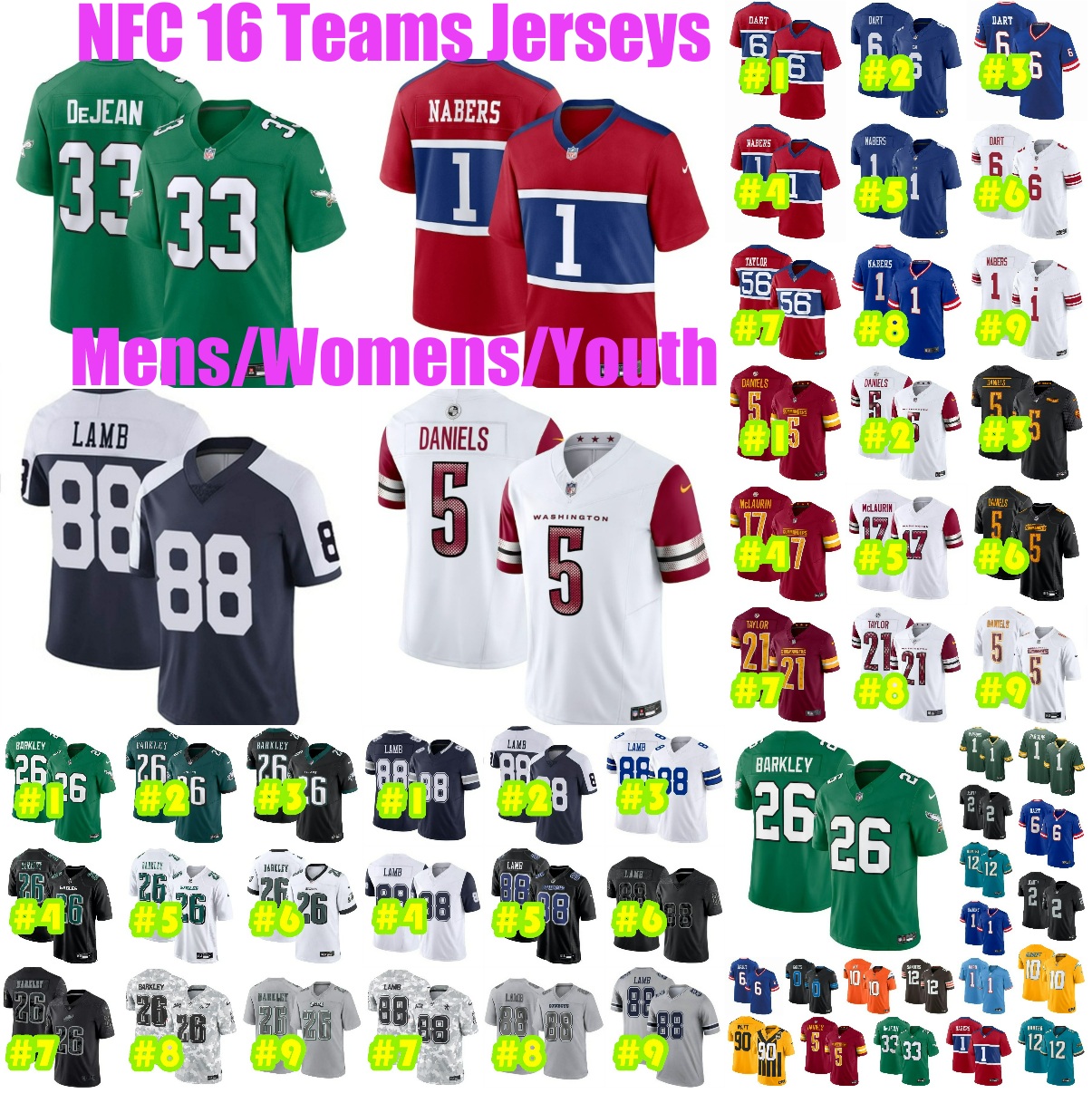 16NFCteams Saquon Barkley Cooper DeJean Jersey Jalen Hurts CeeDee Lamb Dak Prescott Malik Nabers Jaxson Dart Abdul Carter Jayden Daniels Mens Womens Youth