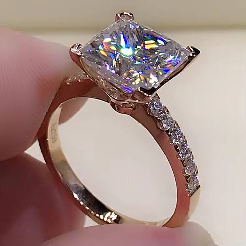 Unique Design 18K Gold With 3ct D Color Princess Cut Moissanite Diamond Ring Gemsmetone Jewelry Engage Ring