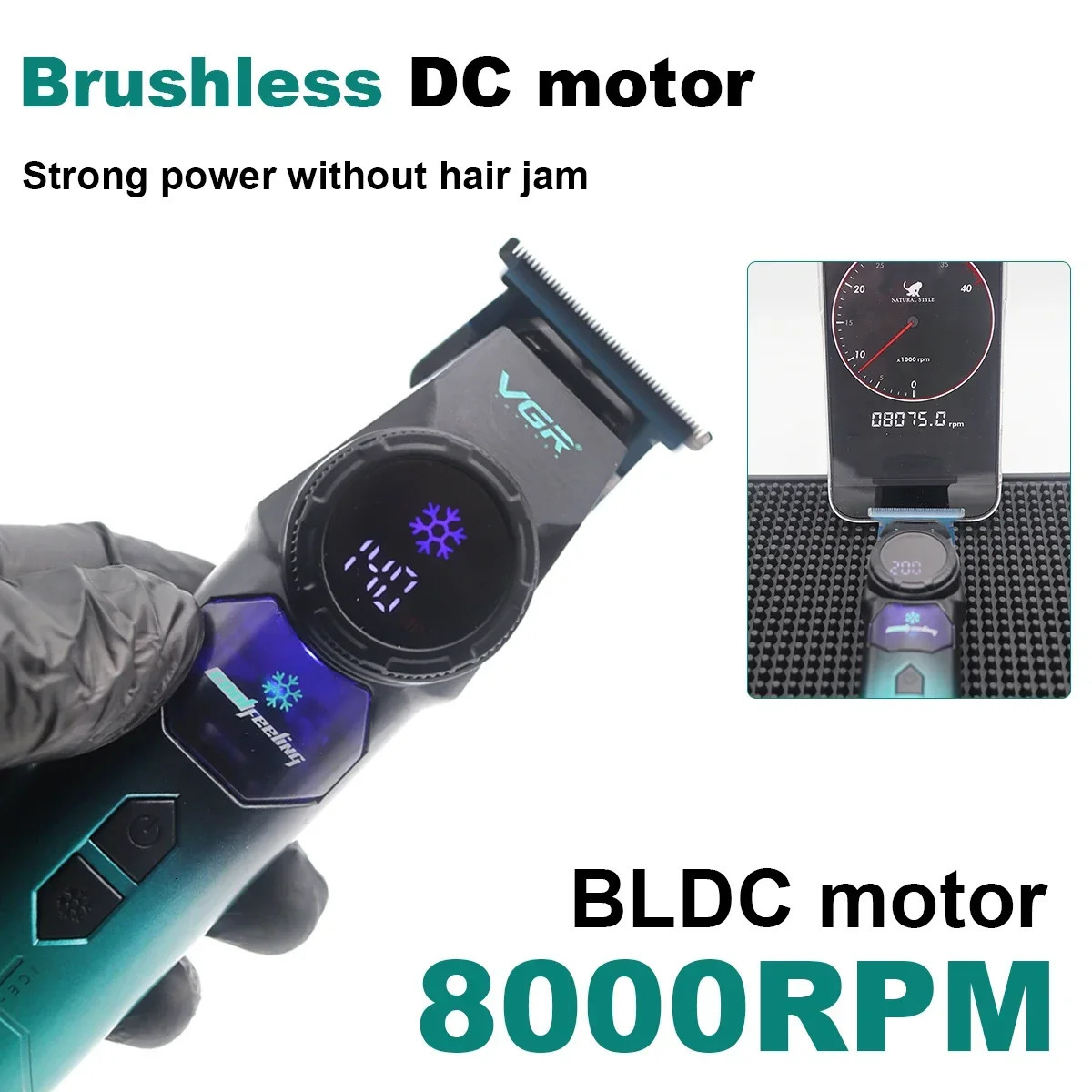 VGR V9 Professional Ice Tech Hair Trimmer DLC Blade 0 Gap 8000RPM Brushless Blue Ceramic For Men Beard Trimming Grooming 250825