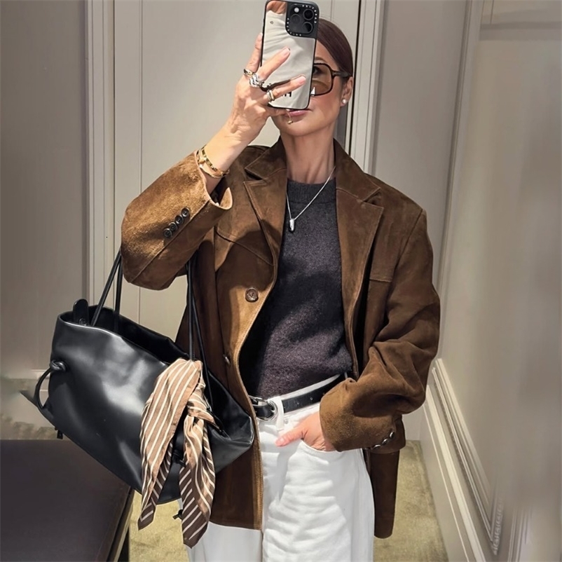 Talenza Vintage Womens Suede Leather Jacket Single Breasted Lapel Brown Blazer Loose Coats Autumn Office Lady Outerwears 250901