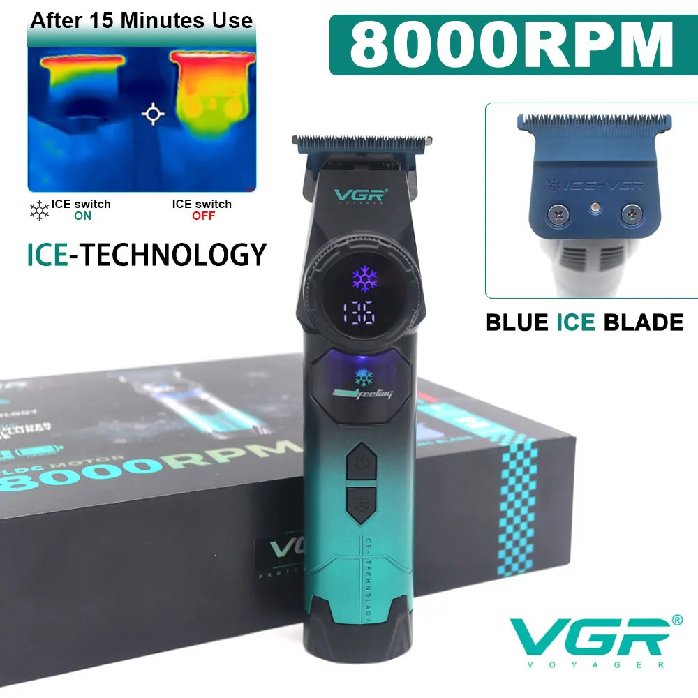 VGR V9 Professional Ice Tech Hair Trimmer DLC Blade 0 Gap 8000RPM Brushless Blue Ceramic For Men Beard Trimming Grooming 250825