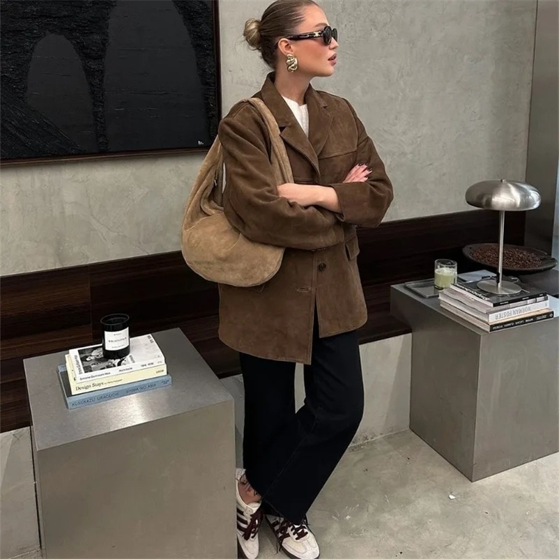 Talenza Vintage Womens Suede Leather Jacket Single Breasted Lapel Brown Blazer Loose Coats Autumn Office Lady Outerwears 250901
