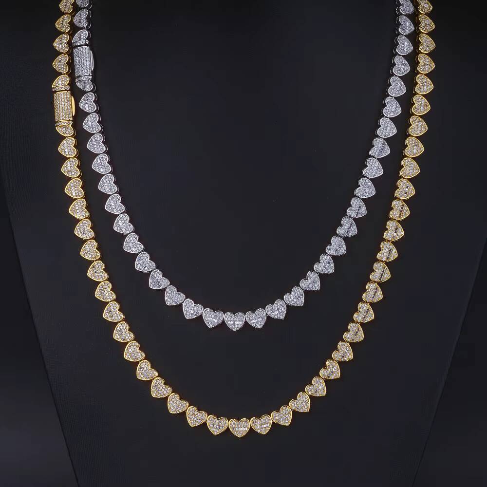 Eskeem Hip Hop 8mm Cluster Tennis Chain Necklace Iced Out Mixed Baguette Heart Design Cubic Zirconia Inlay Fine Jewelry