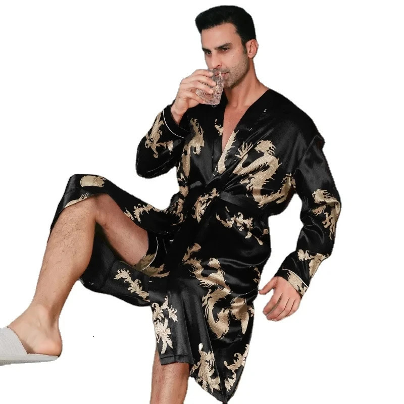 Pajama mens spring and autumn silk thin style oversized pajamas long sleeved bathrobes ice silk bathrobes home clothing summer250831ww
