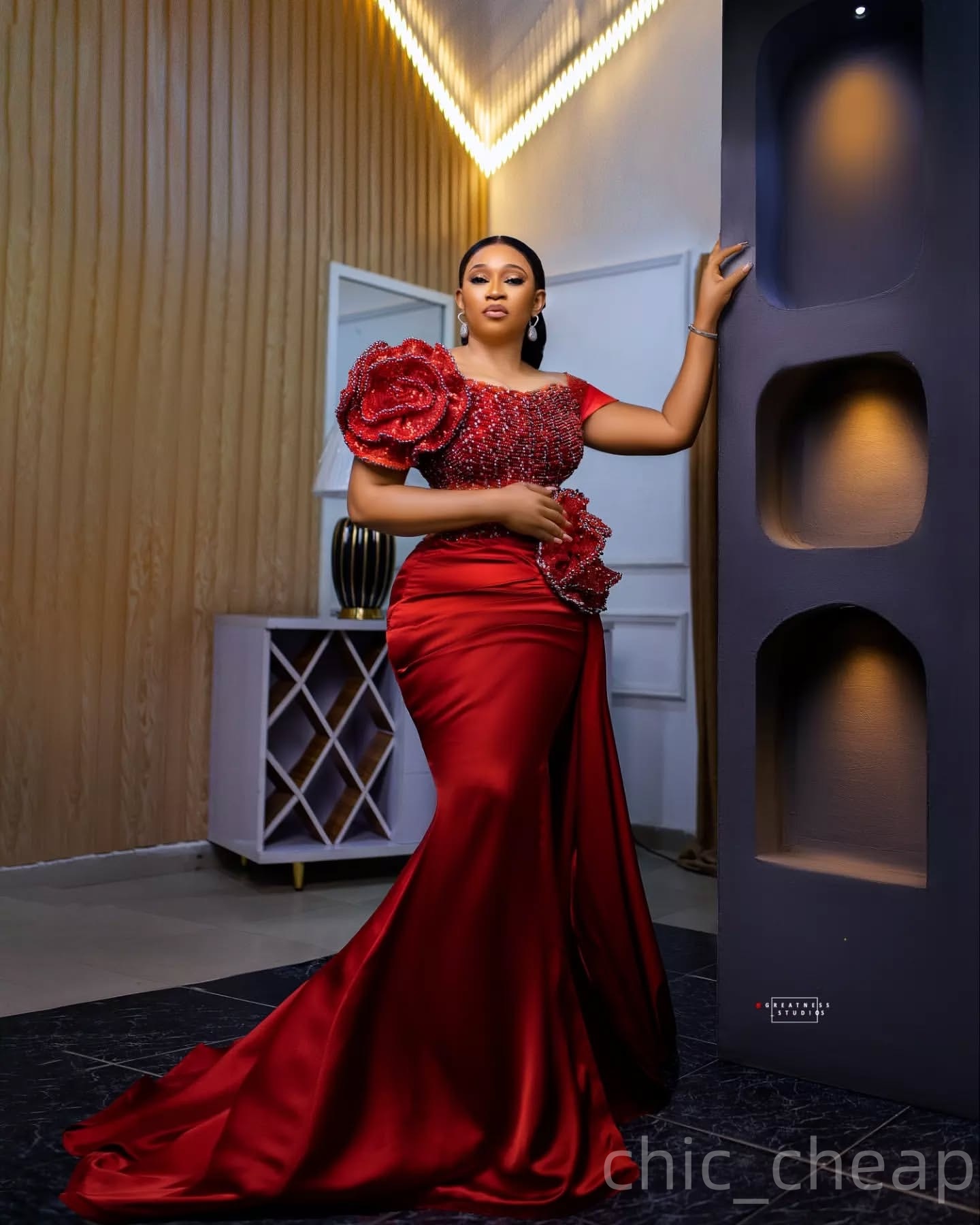 Aso Ebi Red Mermaid Prom Dresses 2025 Flowers Beaded Satin Elegant Evening Formal Party Second Birthday Engagement Gowns Plus Size Dress For Special O