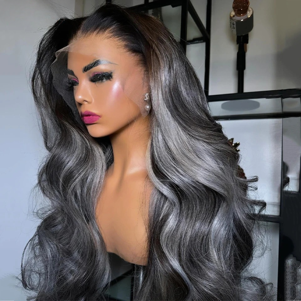 Silver Grey Highlight Human Hair Wigs For Black Women Gluelesss 13x6 13x4 Lace Frontal Wig Colored Pre-Cut Body Wave Transparent Lace Front Wigs