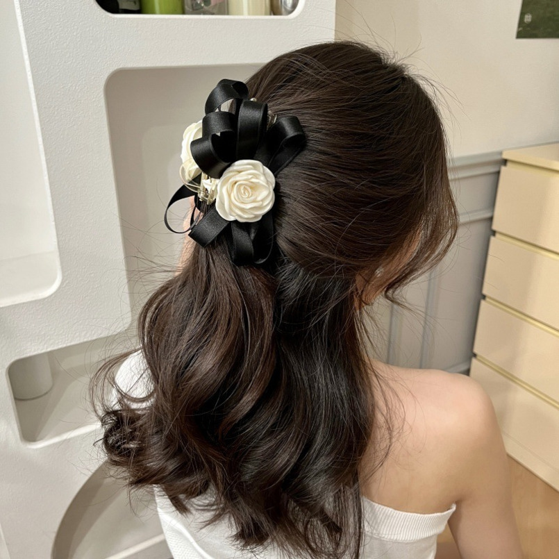 White Camellia Korean Style Small Fragrance Bow Claw Large Hair Shark Back of Head Clip