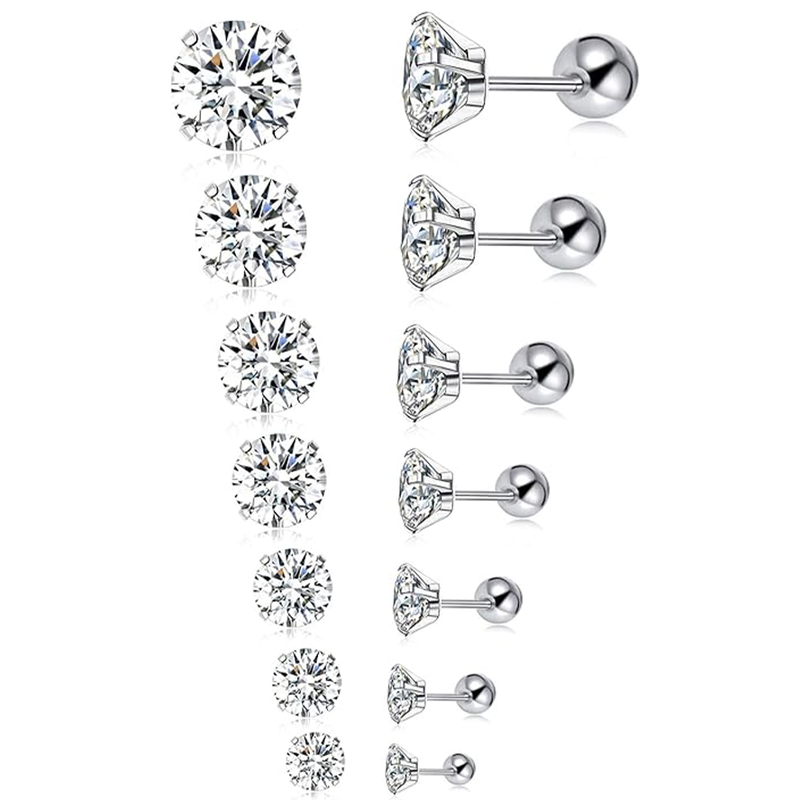 7 Pairs 20G Stainless Steel Stud Earrings Push Back Round Cubic Zirconia Barbell Earring Set Men Women 2MM-8MM Silver Tone