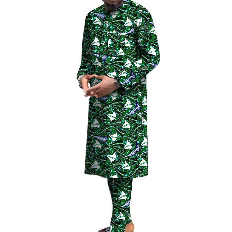 Nigerian Print Men's Set Long Sleeve Shirt & Pant Traditional Robe African Couture Male Wedding/Party Groom Suit