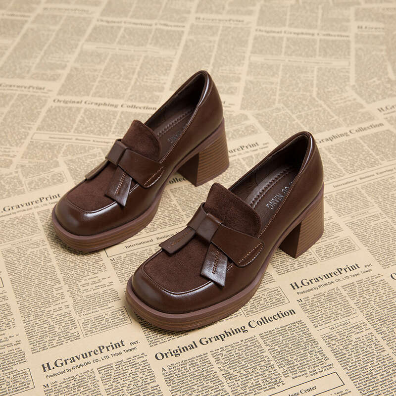 Early Autumn New Loafers Thick High Heel Women's Designer Shoe Brown Leather Shoes