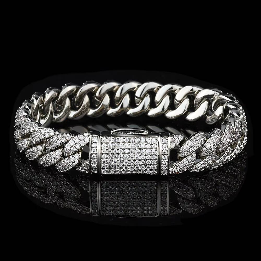 Eskeem Luxury Fashion Chain 925 Sterling Silver Moissanite Cuban Link Bracelet 10mm Prong Brilliant Jewelry Diamond Test Passed