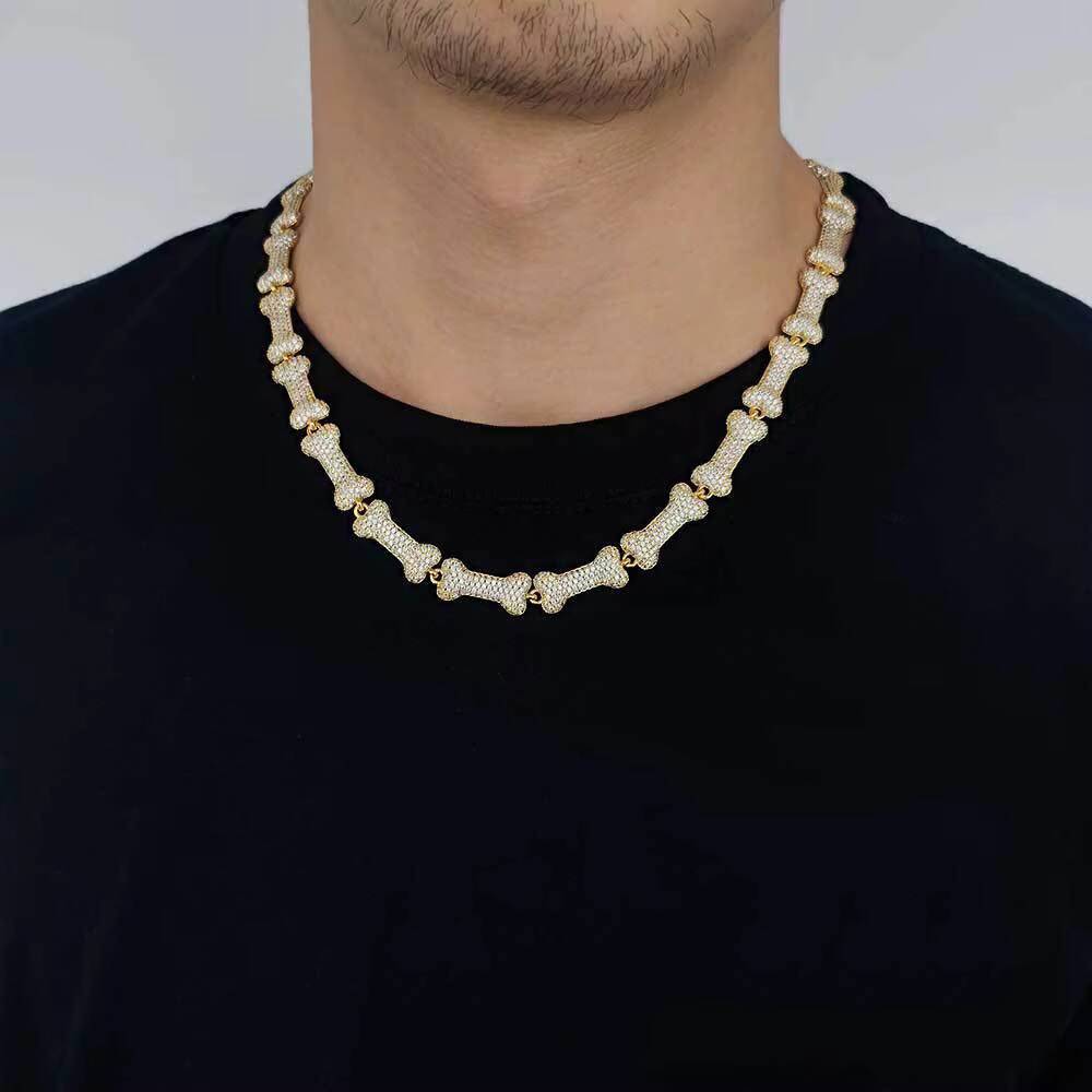 New Arrival 10mm Mens Hip Hop Necklace Jewelry Iced Out CZ Fully Diamond Bone Necklace Chain