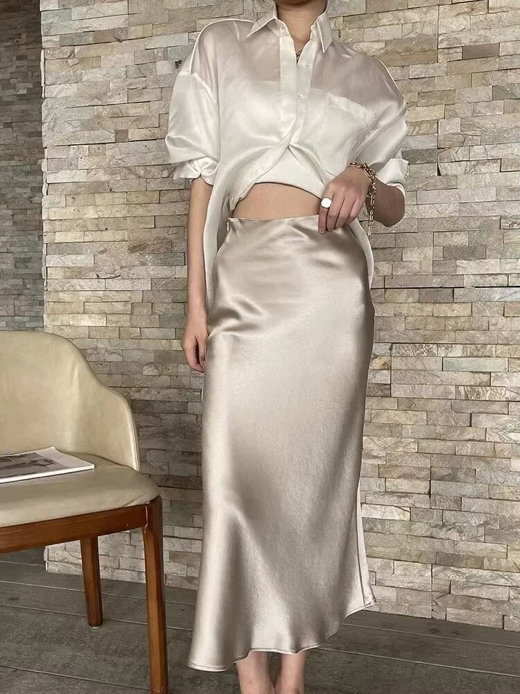 Champagne Office High Waist A-line Korean Style Silk Satin Skirts for Women Fashion Elegant Solid Long Pencil Skirt 2025 dongdumaoyi