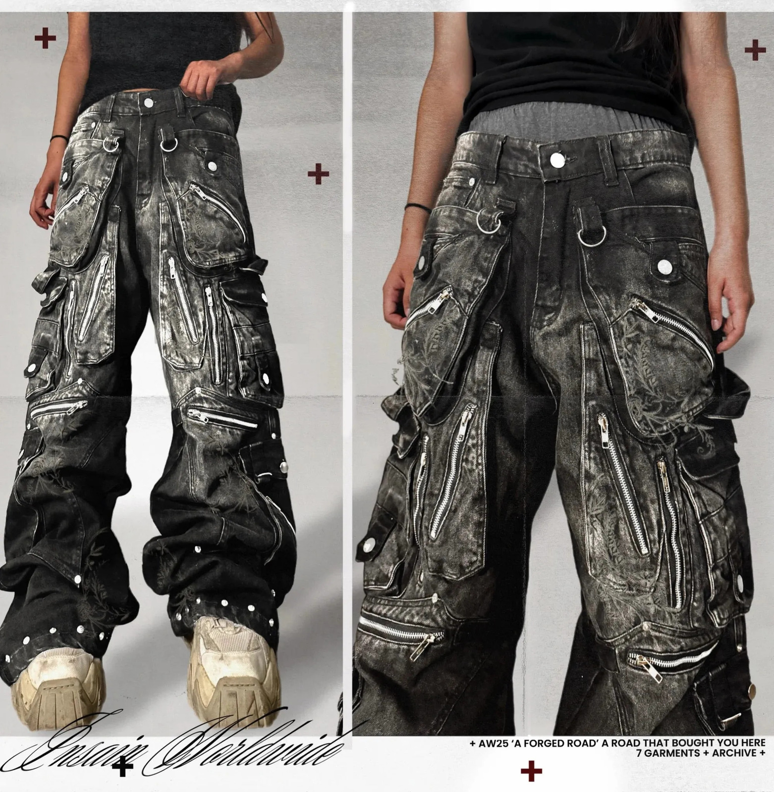 Y2K Streetwear Gothic Cargo Baggy Jeans Oversized Multi Pocket Wide Leg Pants with Zippers Straps Ripped Distressed Men Womens 250829